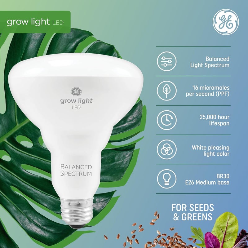 GE Grow Lights for Indoor Plants, BR30 Indoor Floodlight, LED Light Bulbs for Seeds and Greens with Balanced Spectrum, 25,000 Hours Lifespan, 16 PPF, 2 Pack (Packaging May Vary) - Image 2